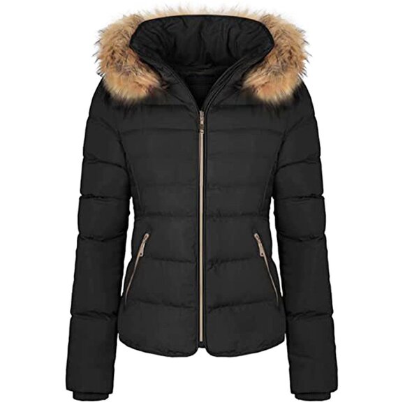 Women's Winter Quilted Puffer Coat Fleece Lined Warm Jacket with Faux Fur Hood - Picture 3 of 5